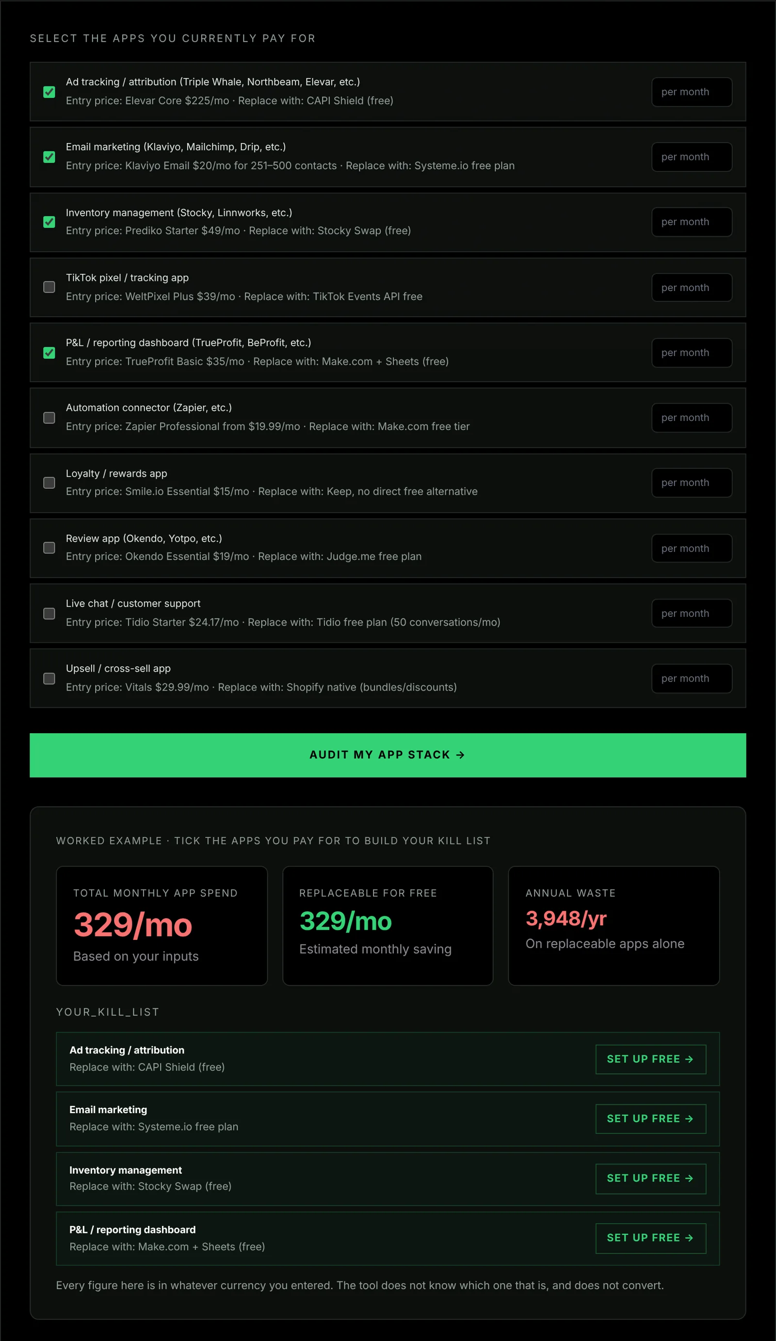 The app stack auditor on its worked example: the apps ticked, their monthly total, and a kill list naming the free replacement for each category.