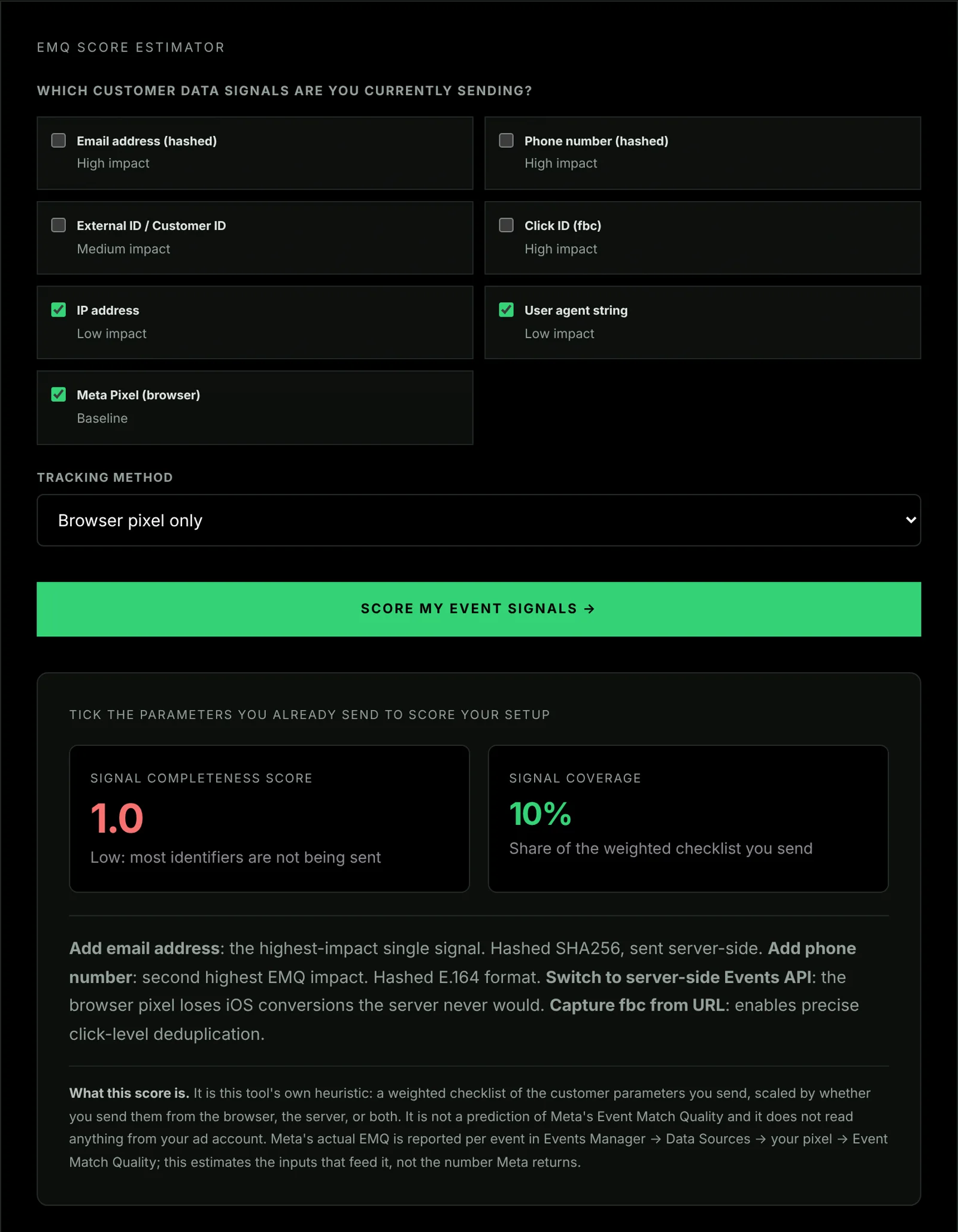 The EMQ match-key checker with only IP address, user agent and the Meta Pixel ticked, scoring the signals sent as low and listing which keys to add first.